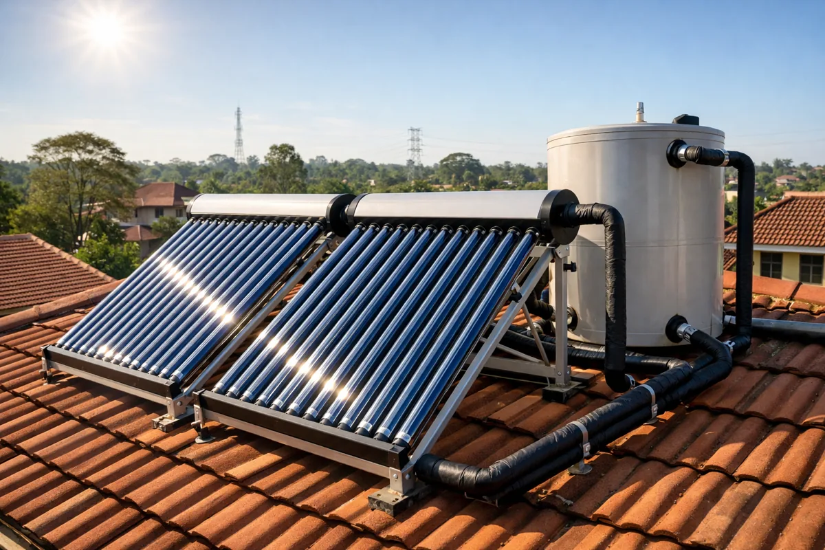 Solar water heating system on a residential roof