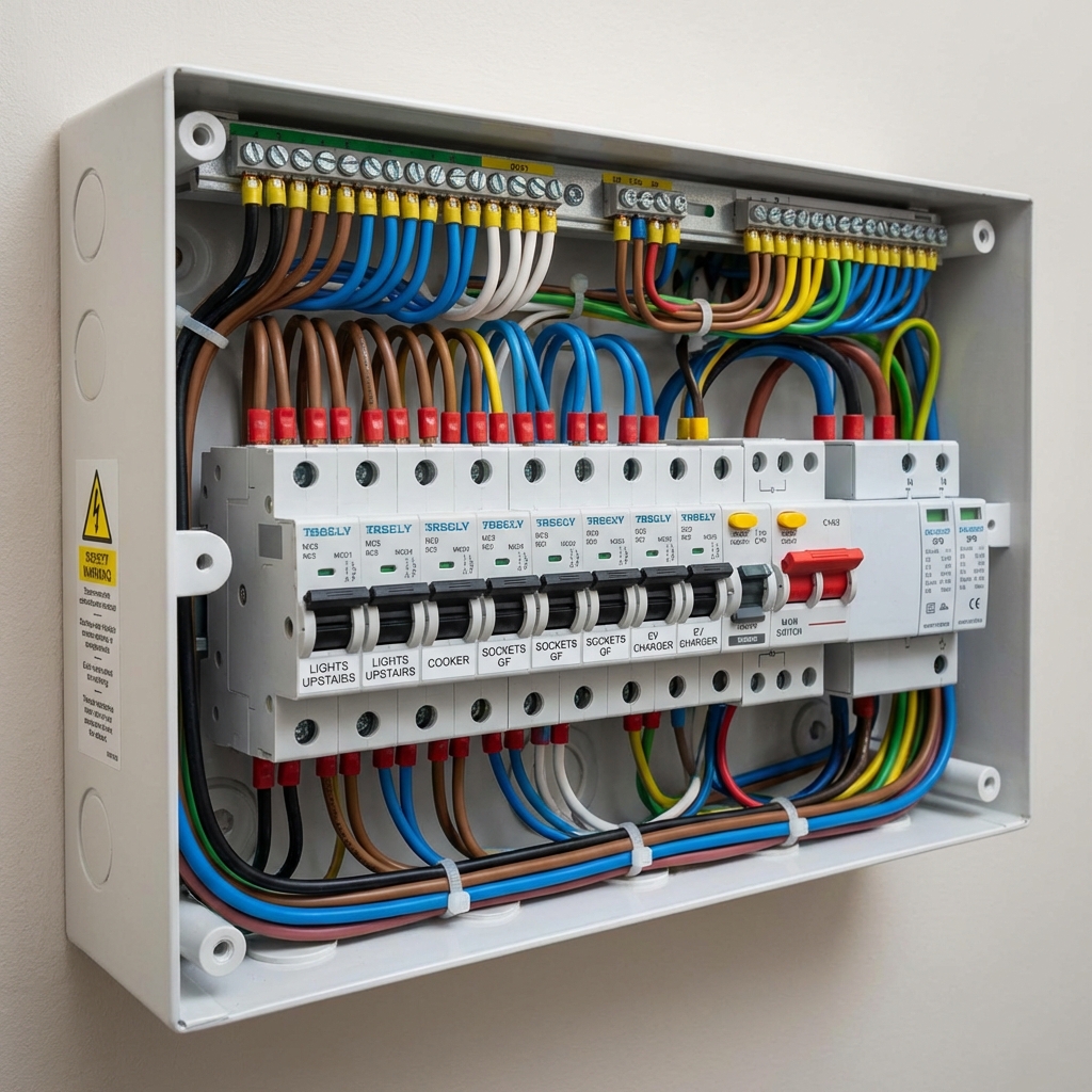Certified engineer performing technical inspection on a distribution board