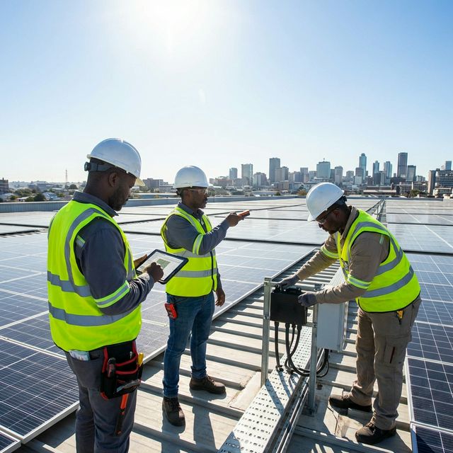 Iselle Africa engineering team reviewing solar installation blueprints